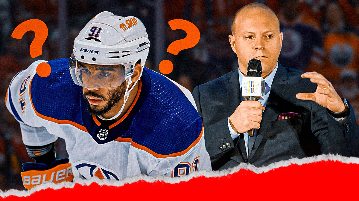 Oilers' Evander Kane surrounded by question marks with GM Stan Bowman on the right
