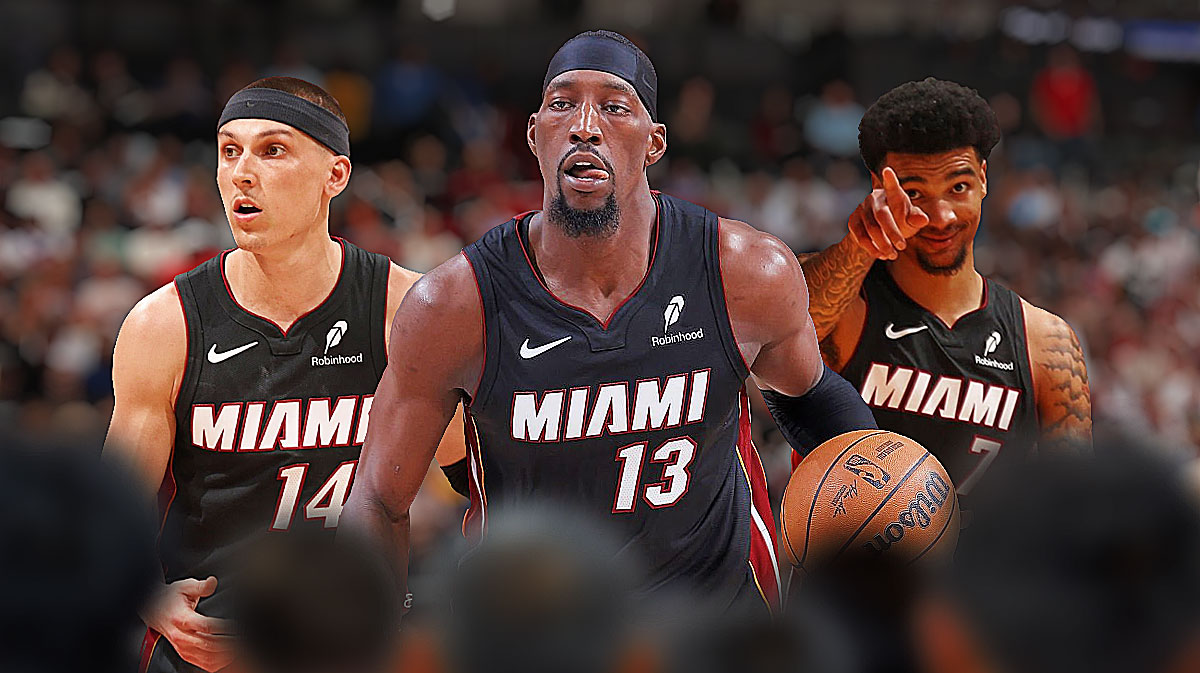 Miami Heat star Bam Adebayo in the middle with Tyler Herro and Kel'el Ware on either side in front of Kaseya Center.