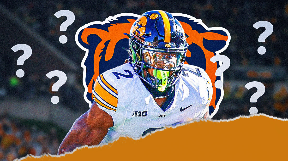 Iowa's Kaleb Johnson next to Bears logo surrounded by question marks