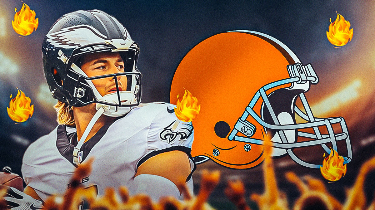 QB Kenny Pickett next to Browns logo surrounded by fire
