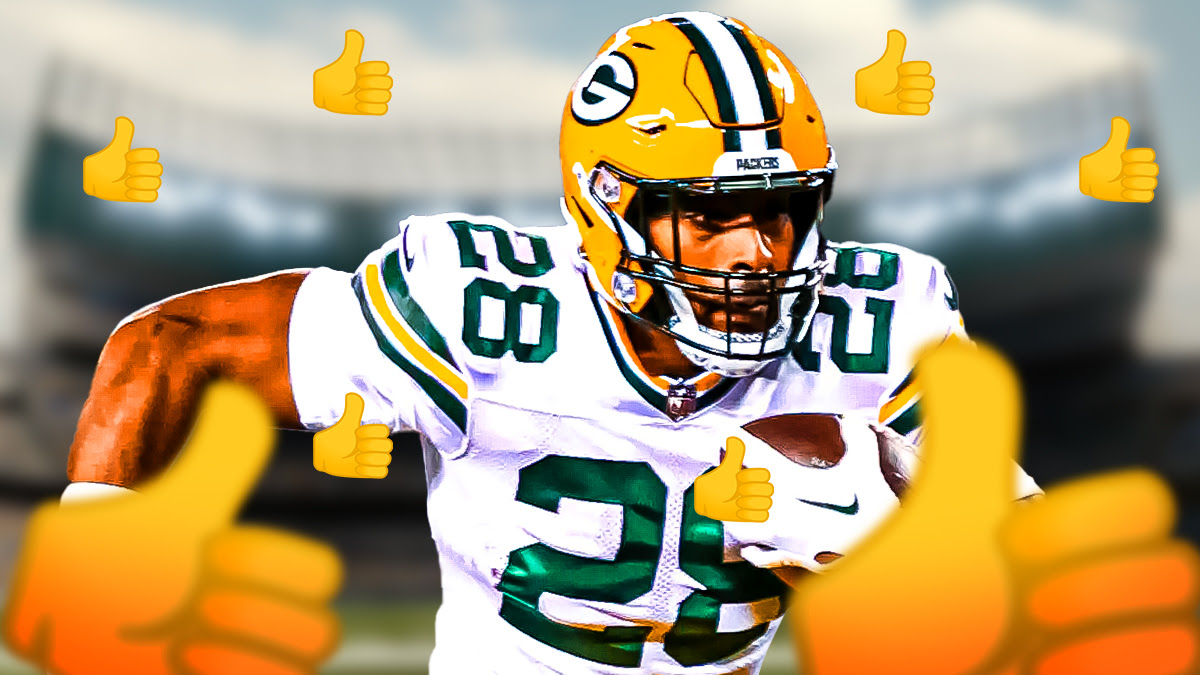 Eagles RB AJ Dillon surrounded by thumbs up emoji