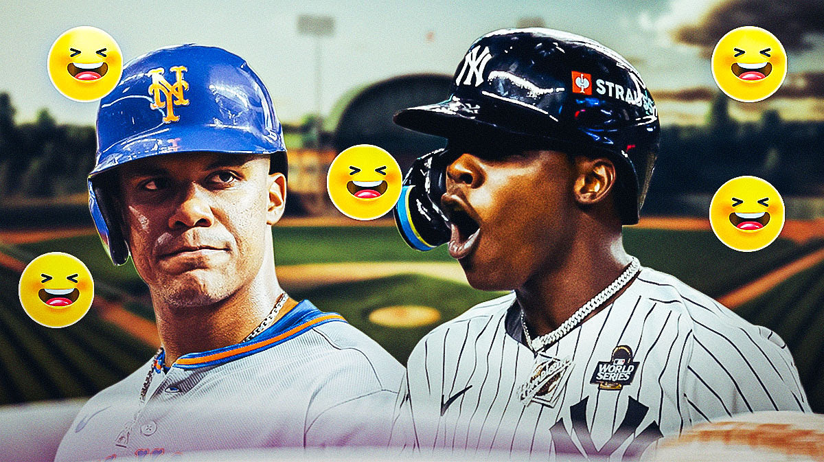 Mets' Juan Soto next to Yankees' Jazz Chisholm Jr. surrounded by laughing emojis