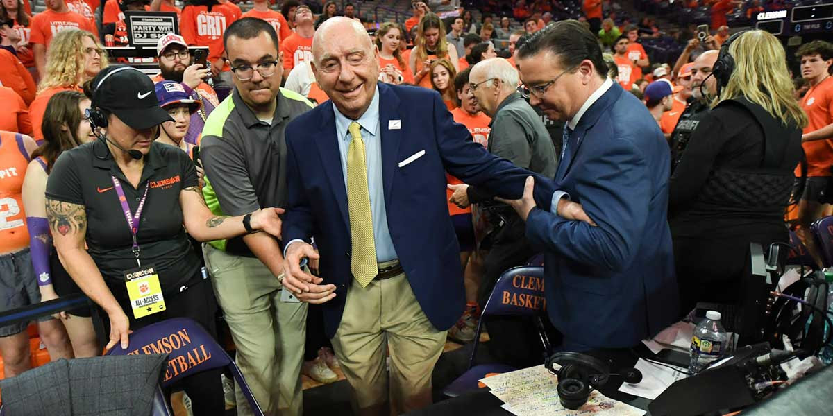 Clemson University student fans welcome ESPN commentator Dick Vitale before the game between the Clemson Tigers and the Duke Blue Devils at Littlejohn Coliseum on Feb 8, 2025