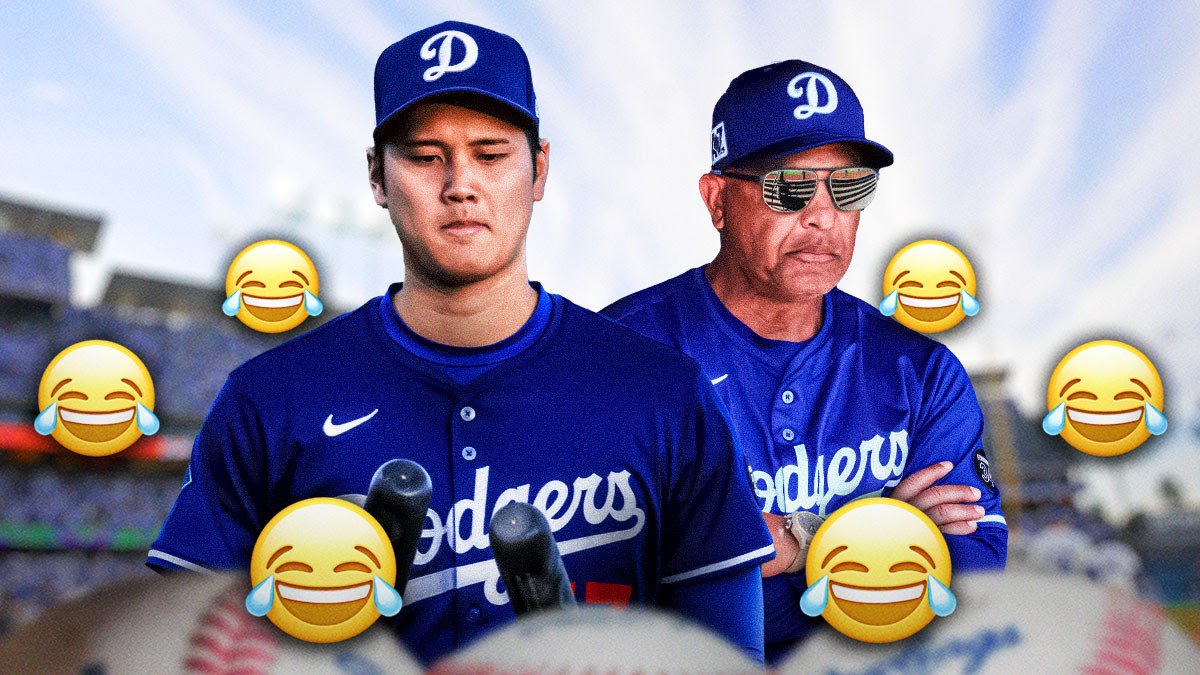 Dodgers manager Dave Roberts and Shohei Ohtani surrounded by laughing emojis