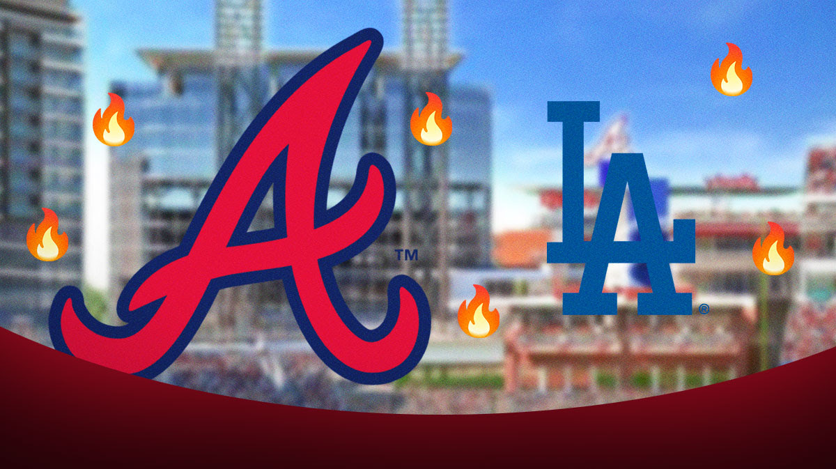 Braves logo surrounded by fire next to smaller Dodgers logo