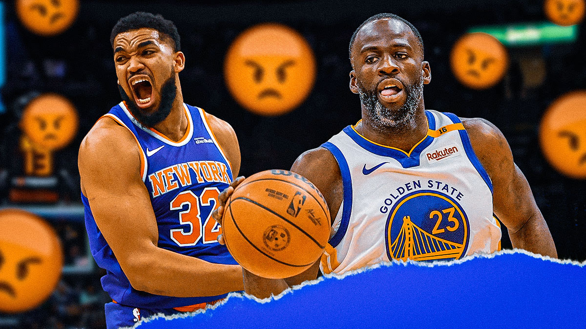 Warriors F Draymond Green next to Knicks F Karl-Anthony Towns surrounded by mad emojis