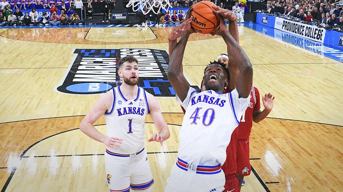 Kansas Jayhawks forward Flory Bidunga (40) controls the ball against Arkansas Razorbacks forward Jonas Aidoo (9) during the first half at Amica Mutual Pavilion.