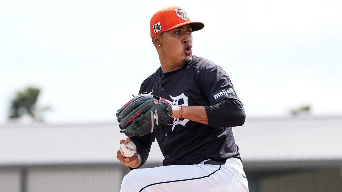 Detroit Tigers pitcher Keider Montero throws live batting practice during spring training at TigerTown in Lakeland, Fla. on Wednesday, Feb. 19, 2025.