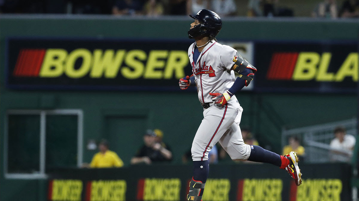 Atlanta Braves Right Fielder Ronald Acuna Jr. (13) Circle the databases at triple house in the race against Pittsburgh Pirates during the eighth Inning on PNC Park.