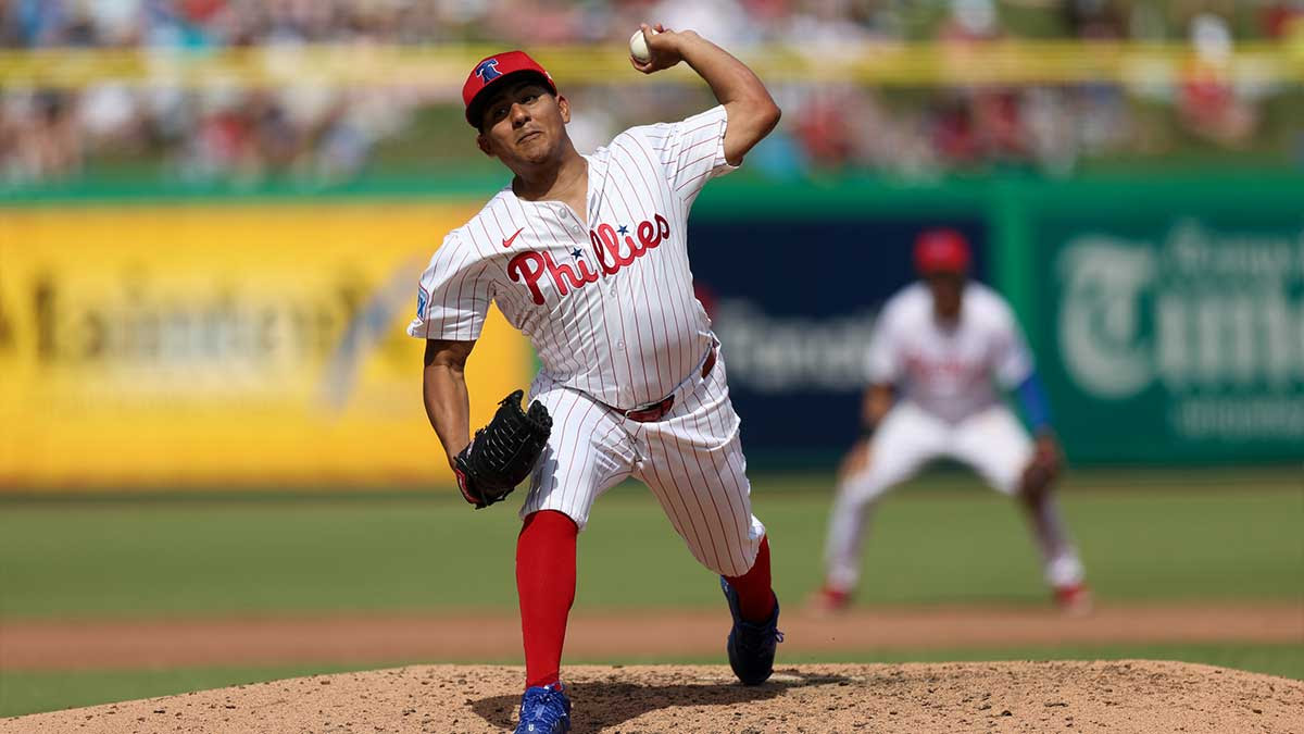Philadelphia Phillies pitcher Ranger Suarez (55) throws a pitch against the New York Yankees in the fifth inning during spring training at BayCare Ballpark.