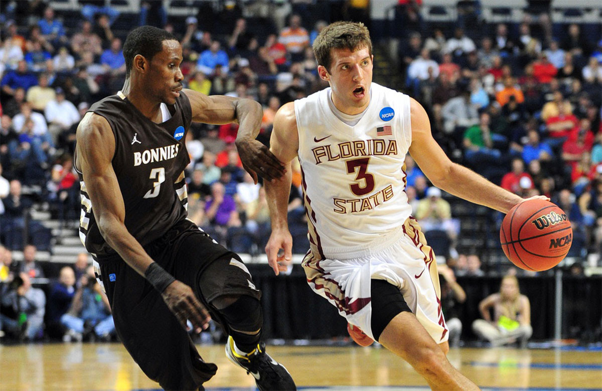 Florida State Seminoles guard Luke Loucks (3) drives against St. Bonaventure Bonnies guard Charlton Kloof (3) during the first half in the second round of the 2012 NCAA men's basketball tournament at Bridgestone Arena. 