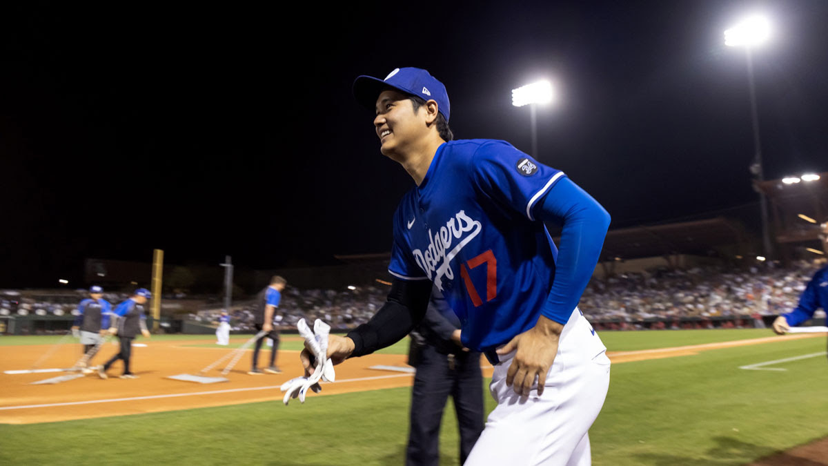 Los Angeles Dodgers designated hitter Shohei Ohtani (17) against the Los Angeles Angels during a spring training game at Camelback Ranch-Glendale. 