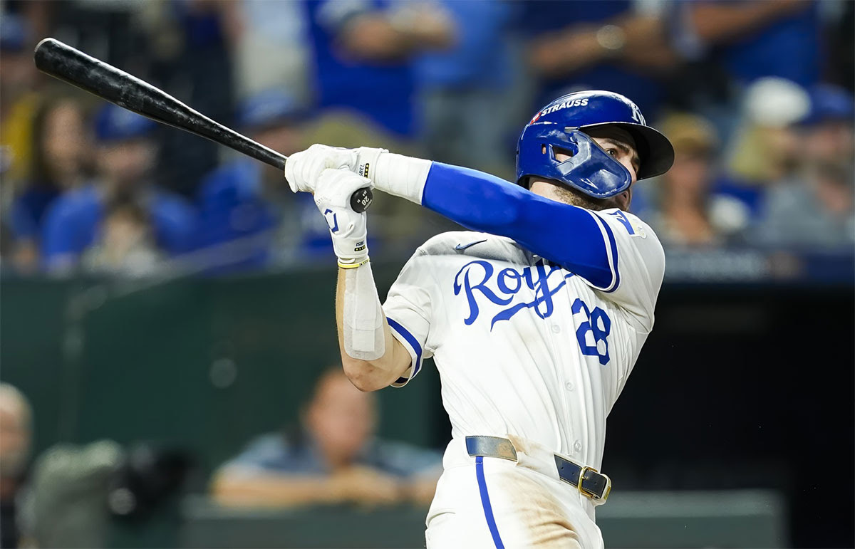 Kansas City Royals outfielder Kyle Isbel (28) bats during the seventh inning against the New York Yankees in game four of the ALDS for the 2024 MLB Playoffs at Kauffman Stadium. 