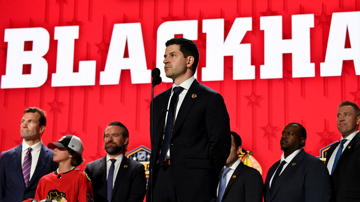 Chicago Blackhawks general manager Kyle Davidson makes the nineteenth pick in round one of the 2023 NHL Draft at Bridgestone Arena.