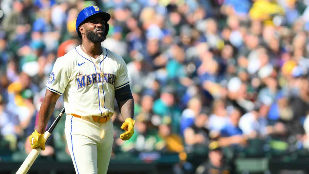 Seattle Mariners left fielder Randy Arozarena (56) walks to first base after being hit by a pitch against the Oakland Athletics during the fifth inning at T-Mobile Park. 