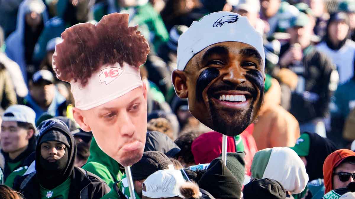 A sad Patrick Mahomes and happy Jalen Hurts appear in front of the Philadelphia Art Museum hours before a parade is expected to arrive celebrating the Philadelphia Eagles' Super Bowl win, Friday, Feb. 14, 2025.