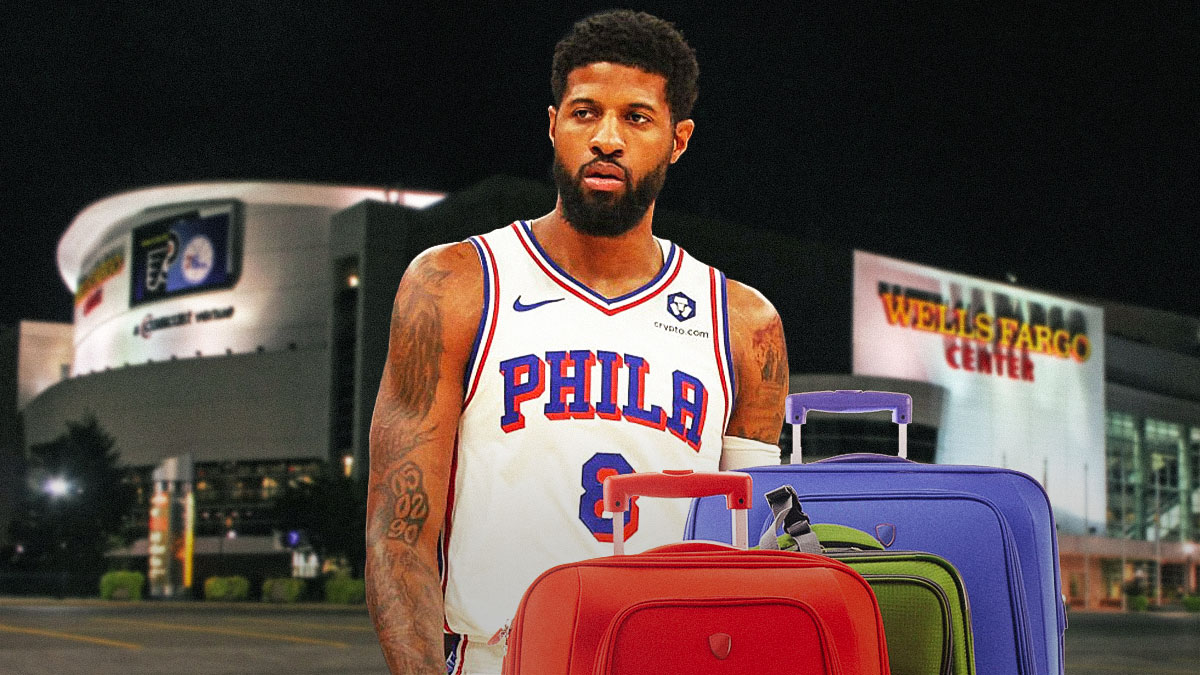 Paul George in a Sixers uniform with packed bags beside him and Wells Fargo Center behind him.