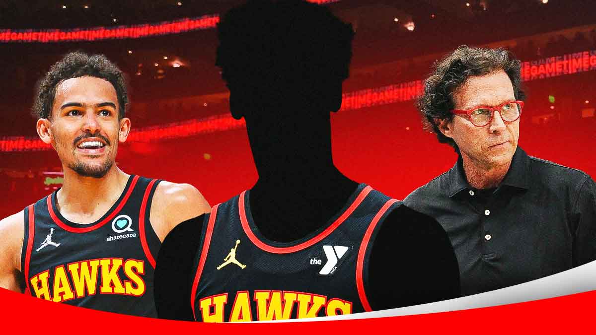 Mystery player in a Atlanta Hawks jersey in the middle, Coach Quin Snyder and Trae Young beside him, Atlanta Hawks wallpaper in the background