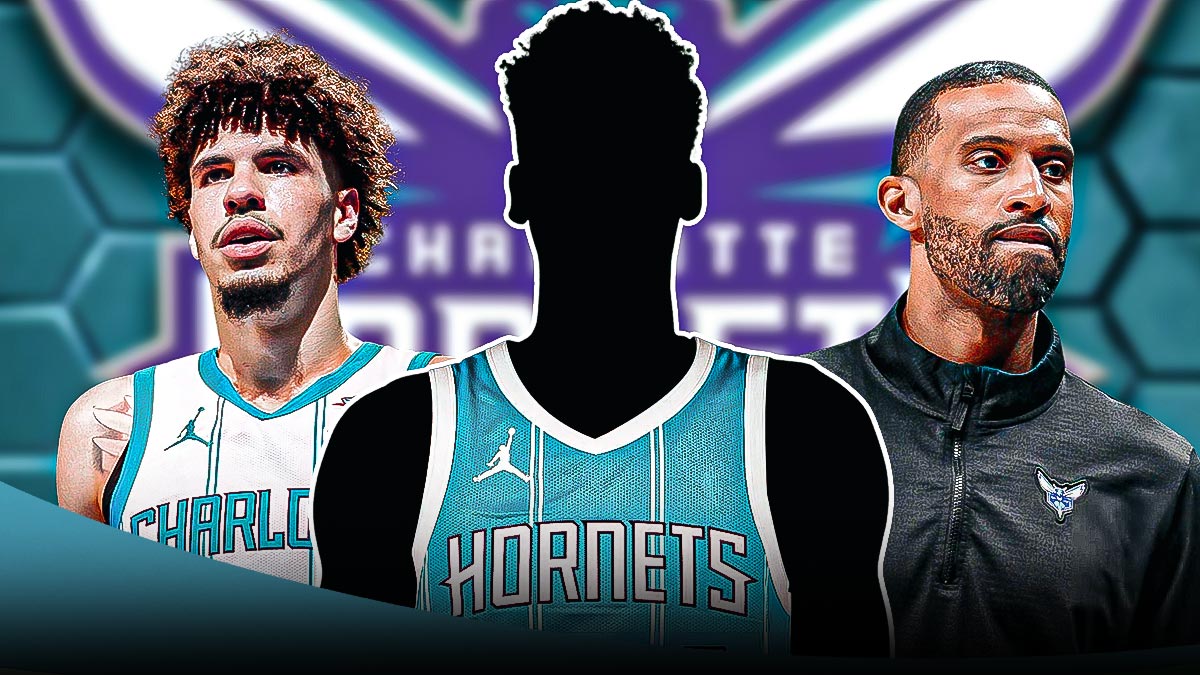 Mystery player in a Charlotte Hornets jersey in the middle, Coach Charles Lee and LaMelo Ball beside him, Charlotte Hornets wallpaper in the background
