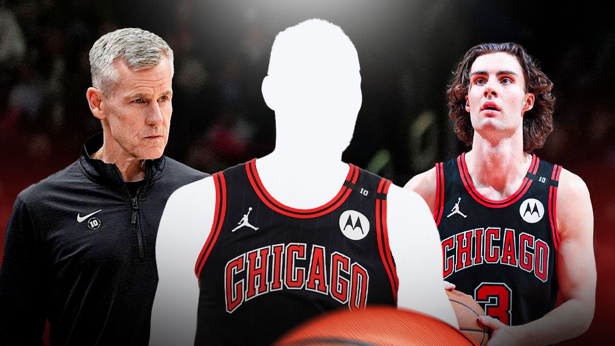 Mystery player in a Chicago Bulls jersey in the middle, Coach Billy Donovan and Josh Giddey beside him, Chicago Bulls wallpaper in the background