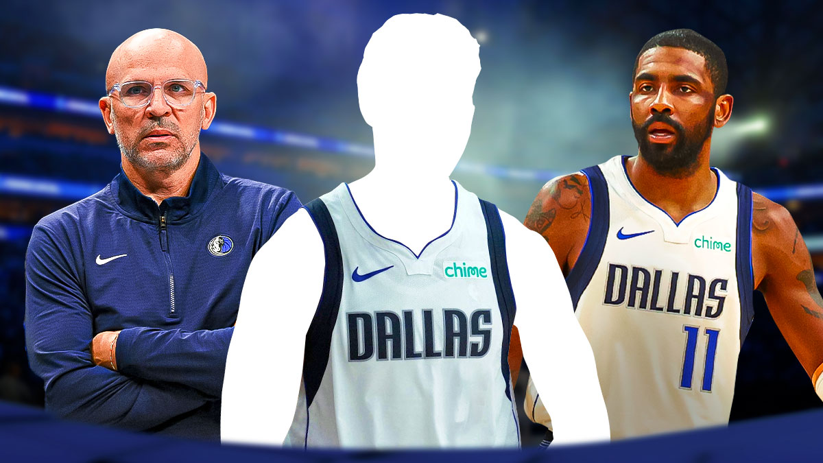 Mystery player in a Dallas Mavericks jersey in the middle, Coach Jason Kidd and Kyrie Irving beside him, Dallas Mavericks wallpaper in the background