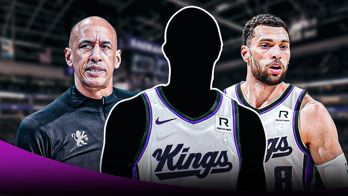 Mystery player in a Sacramento Kings jersey in the middle, Coach Doug Christie and Zach LaVine beside him, Sacramento Kings wallpaper in the background