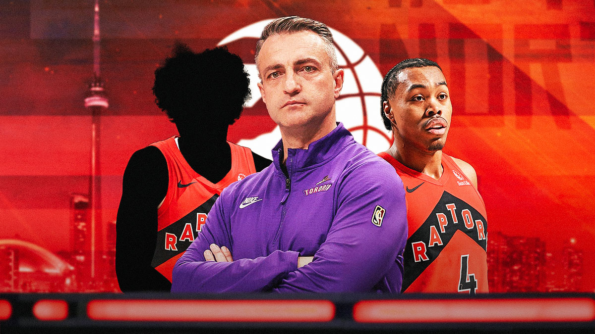 Mystery player in a Toronto Raptors jersey in the middle, Coach Darko Rajakovic and Scottie Barnes beside him, Toronto Raptors wallpaper in the background