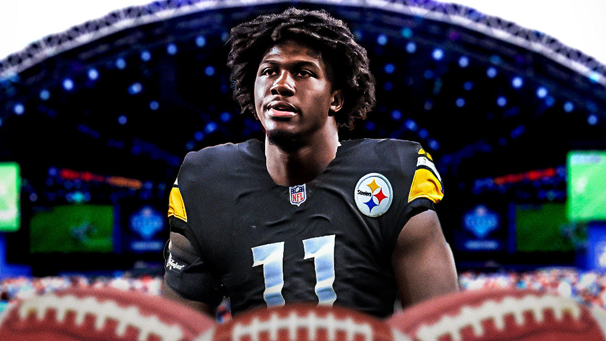 Jalon Walker in a Pittsburgh Steelers uniform, 2025 NFL Draft wallpaper in the background.