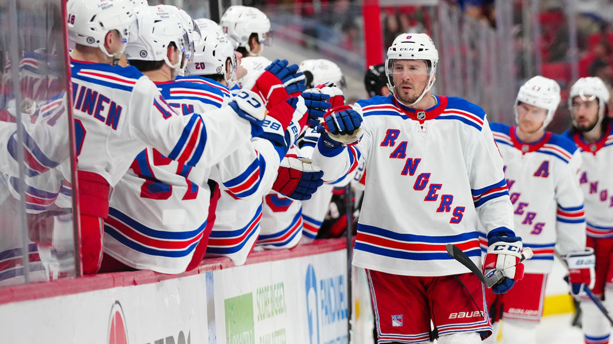 New York Rangers left wing J.T. Miller (8) celebrates his goal against the Carolina Hurricanes during the third period at Lenovo Center.