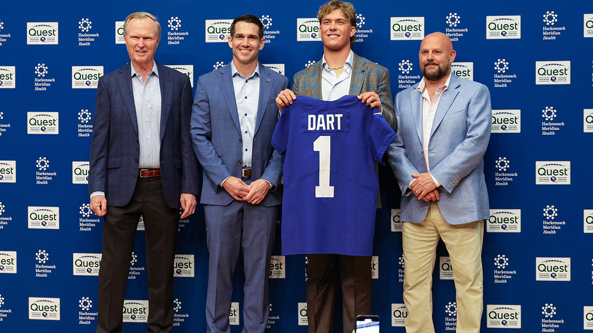 New York Giants owner John Mara, general manager Joe Schoen, 2025 NFL Draft first round selection Jaxson Dart, and head coach Brian Daboll at Giants' introductory press conference.