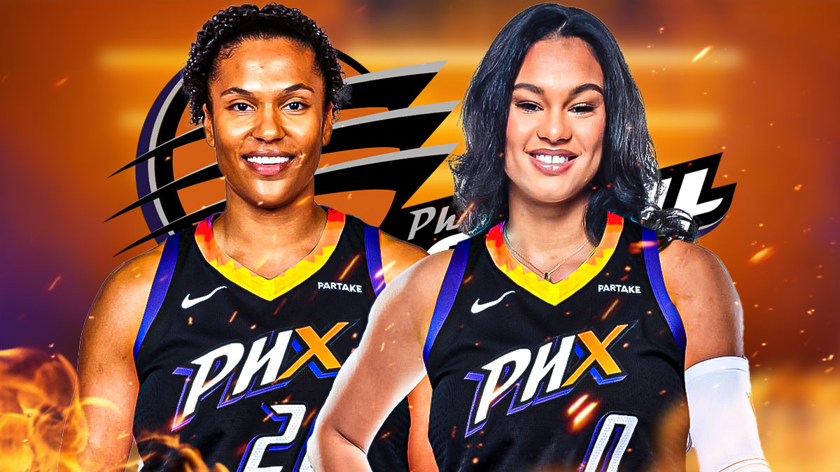 Alyssa Thomas and Satou Sabally, both in Phoenix Mercury jerseys, looking hyped, and a background of the Mercury home arena.