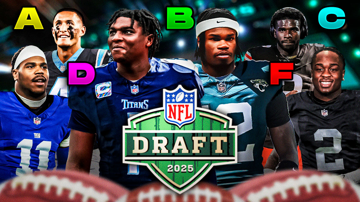Cam Ward photoshopped in Titans jersey, Travis Hunter photoshopped in Jaguars jersey, Shedeur Sanders photoshopped in Browns jersey, Abdul Carter photoshopped in Giants jersey, Teta McMillan photoshopped in Panthers jersey, Ashton Jeanty photoshopped in Raiders jersey. 2025 NFL Draft logo front and center. Letter grades (A, B, C, D, F) all around the graphic.
