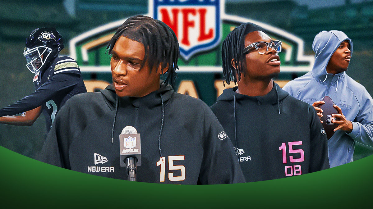 NFL Draft logo in background along with an NFL field, Cam Ward, Travis Hunter, Abdul Carter and Shedeur Sanders in image