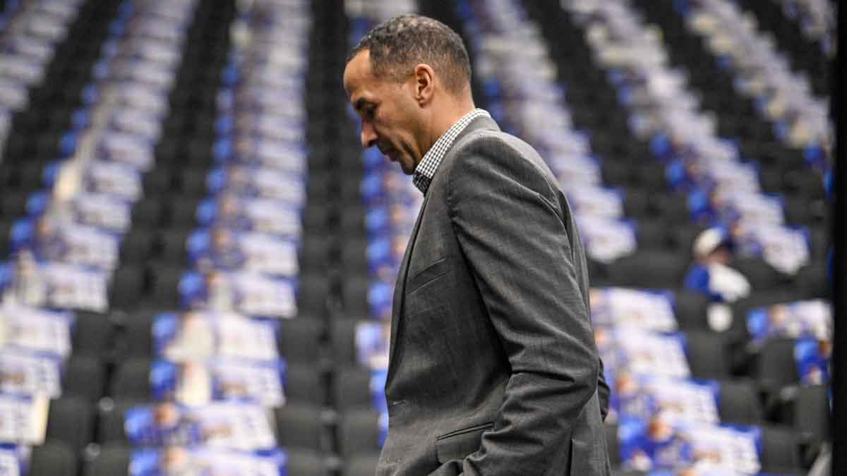Dallas Mavericks general manager Nico Harrison walks off the court before the game between the Dallas and the Sacramento Kings at the American Airlines Center.