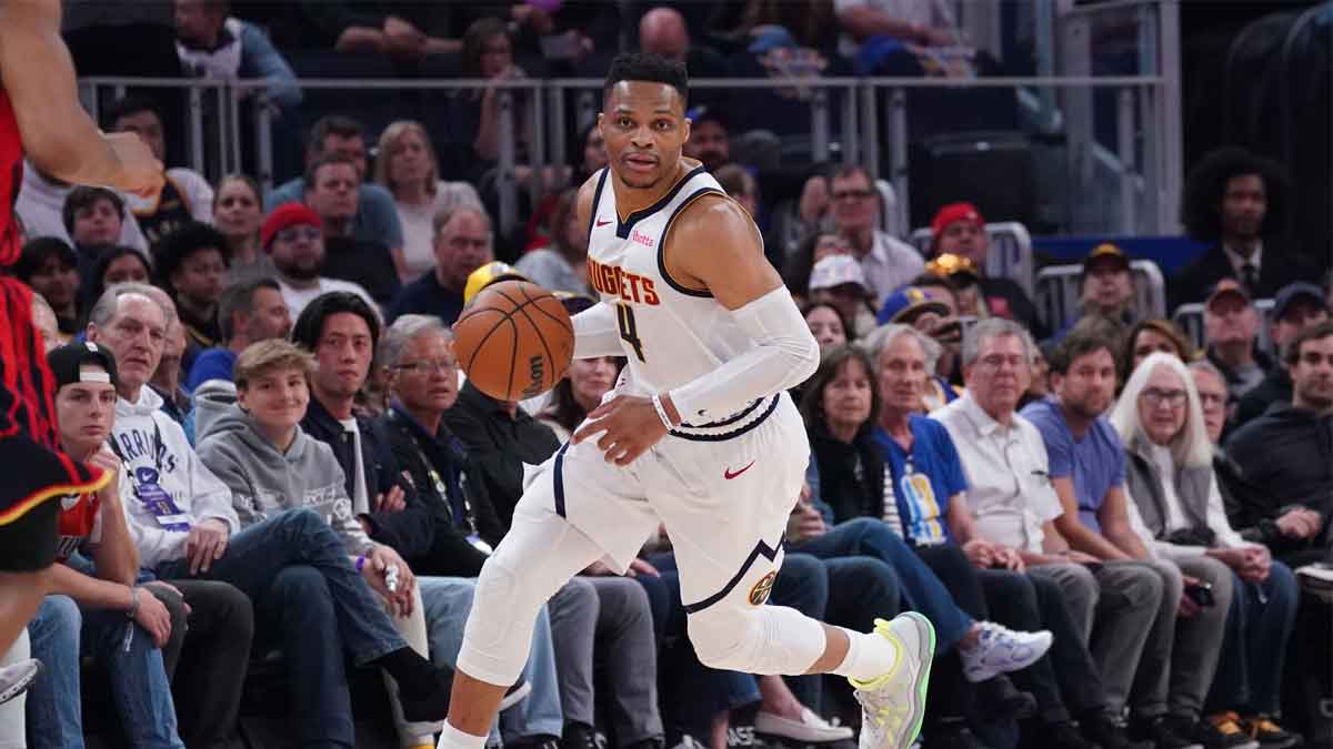Denver Nuggets guard Russell Westbrook (4) dribbles the ball upcourt against the Golden State Warriors in the second period at Chase Center.