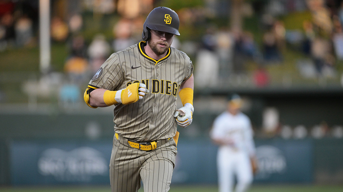 San Diego Padres first base Jake Cronenworth (9) rounds the bases after hitting a home run against the Athletics during the first inning at Sutter Health Park.
