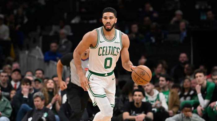 Boston Celtics forward Jayson Tatum (0) dribbles the ball against the Charlotte Hornets during the first half at TD Garden.