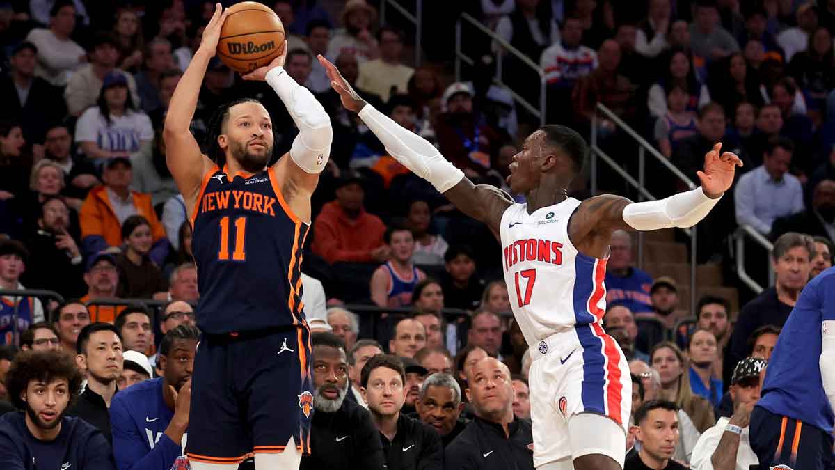 New York Knicks guard Jalen Brunson (11) shoots a three point shot against Detroit Pistons guard Dennis Schroder (17) during the second quarter of game two of the first round of the 2024 NBA Playoffs at Madison Square Garden.
