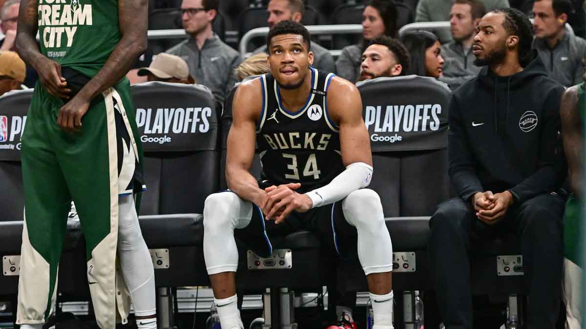 Milwaukee Bucks forward Giannis Antetokounmpo (34) looks on in the final seconds of the game against the Indiana Pacers during game four of first round for the 2024 NBA Playoffs at Fiserv Forum.