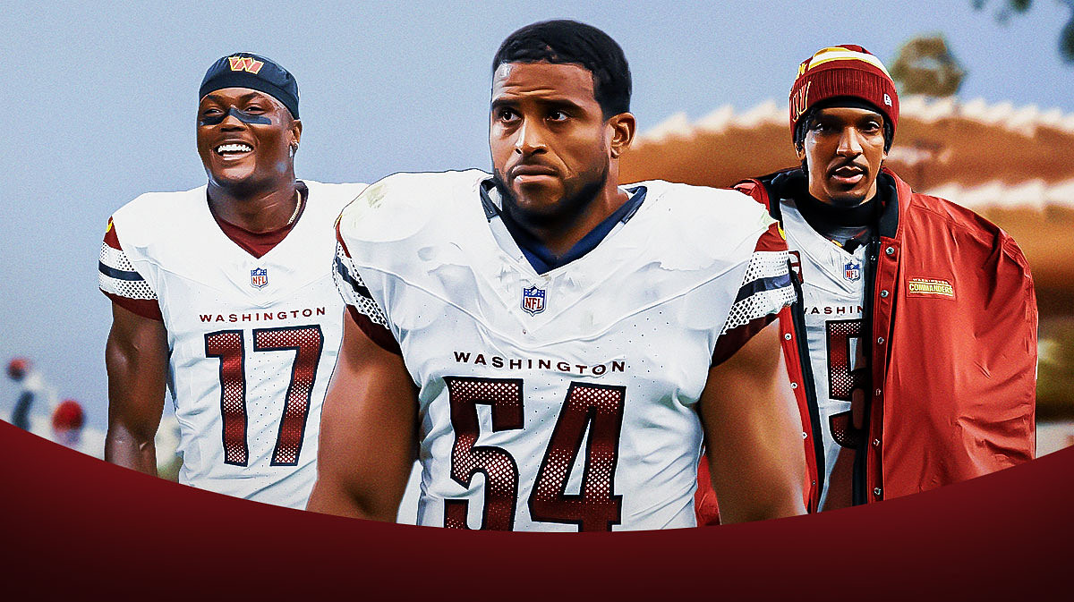 Bobby Wagner in the middle, Jayden Daniels, Terry McLaurin all around him, Washington Commanders wallpaper in the background