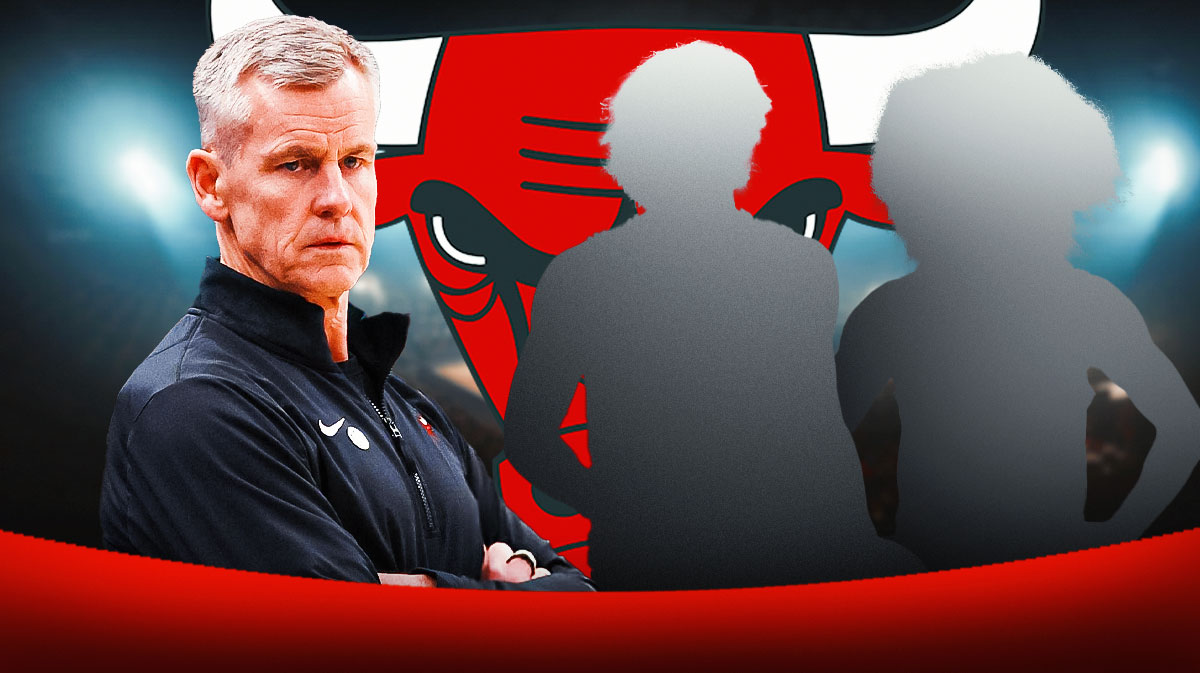 Billy Donovan in middle looking stern, silhouette of Josh Giddey and Coby White on either side, Chicago Bulls logo, basketball court in background
