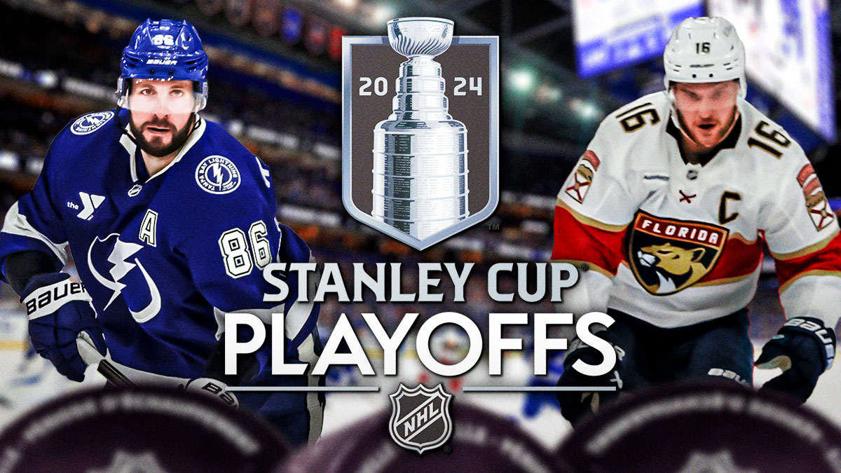 Nikita Kucherov and Aleksander Barkov. Stanley Cup PLayoffs logo in between
