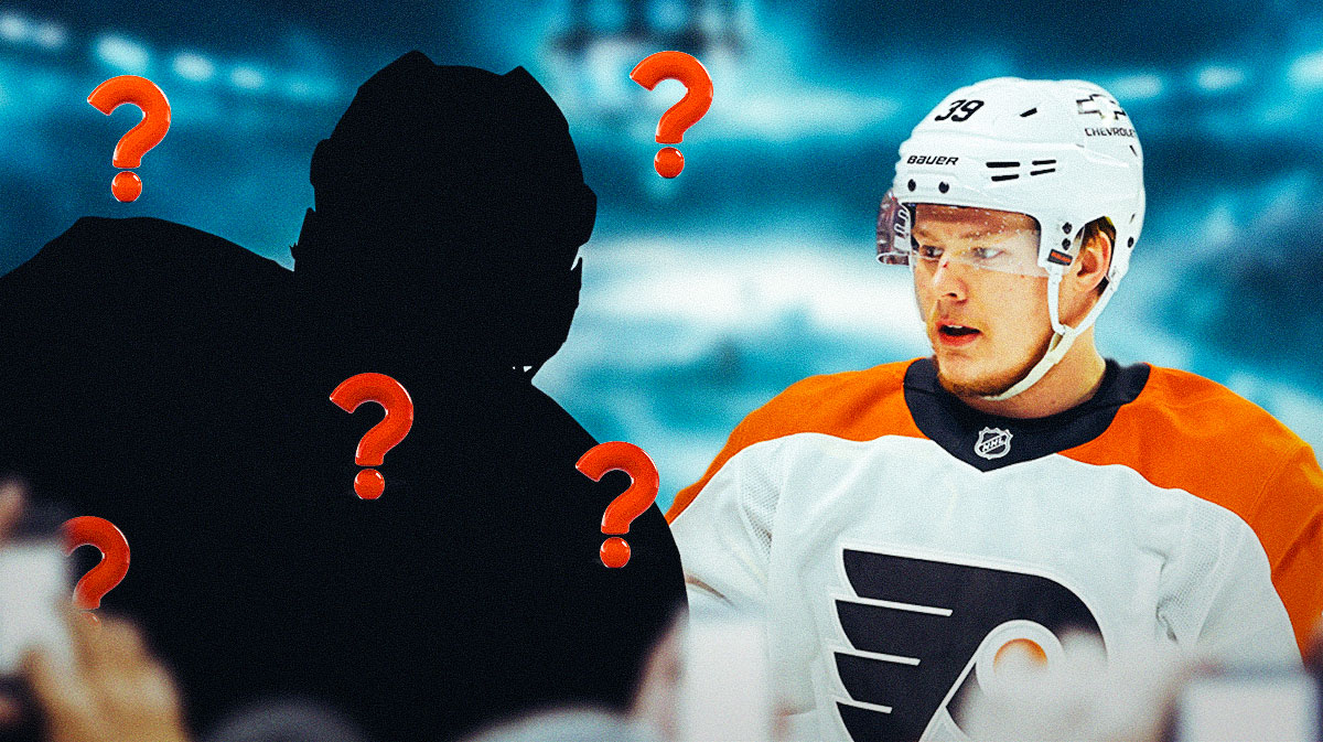 Matvei Michkov and Travis Konecny on either side, a silhouetted Philadelphia Flyers player in middle, 3-5 question marks, hockey rink in background