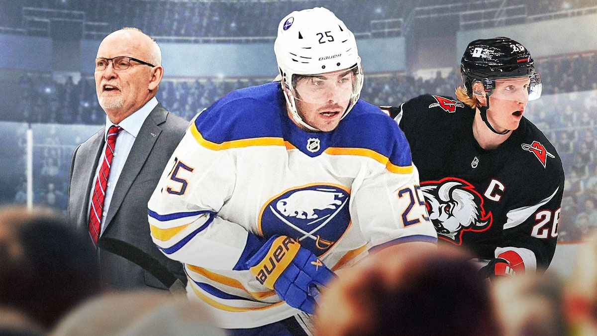Owen Power, Lindy Ruff, and Rasmus Dahlin with Sabres