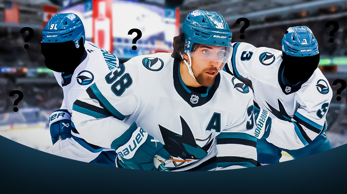 Mario Ferraro in middle looking stern, the SILHOUETTES of Henry Thrun and Carl Grundstrom in San Jose Sharks jerseys on either side, hockey rink in background, 3-5 question marks