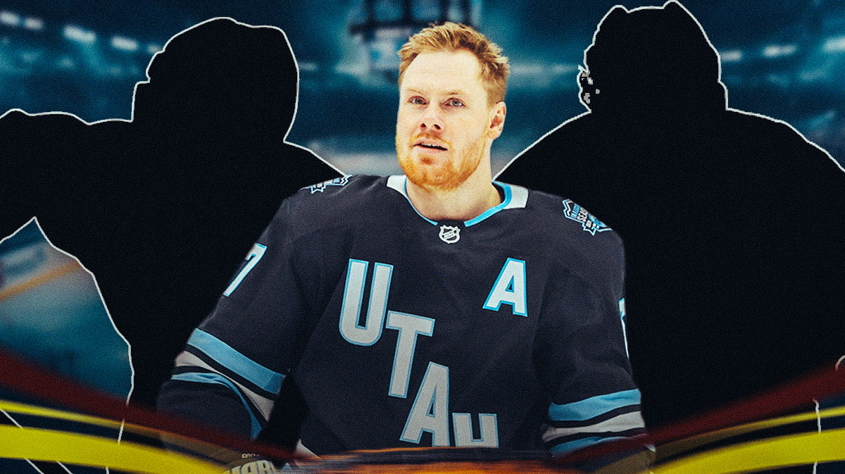 Lawson Crouse in middle, the silhouettes of Matias Maccelli and Connor Ingram on either side in Utah jerseys, hockey rink in background