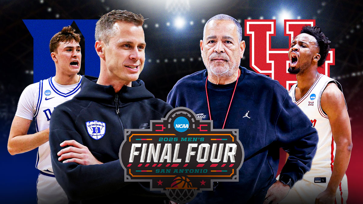 Final Four San Antonio logo in the middle with the following on either side Duke logo on the left (behind the people, Cooper Flagg on the far left and head coach Jon Scheyer in the middle left Houston basketball logo on the right (behind the people), LJ Cryer on the far right and head coach Kelvin Sampson in the middle right