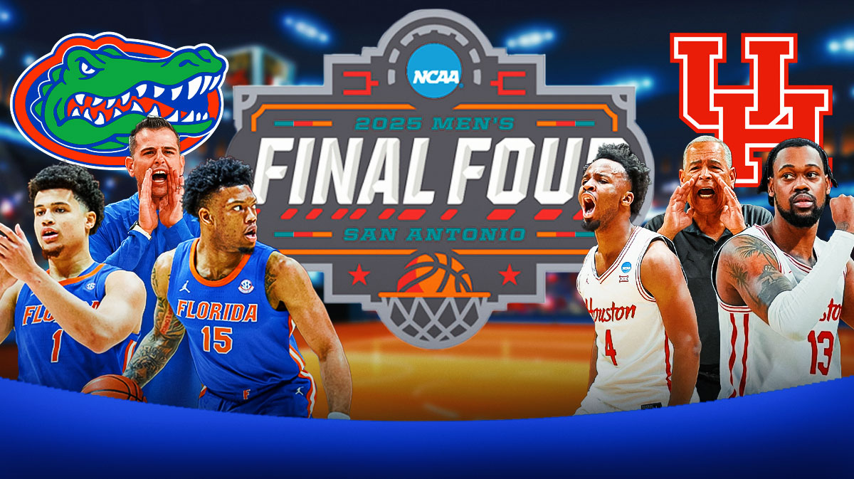 Final Four San Antonio logo in the middle with the following on either side Florida logo on the left (behind the people), Walter Clayton Jr. and Alijah Martin on the far left and head coach Todd Golden in the middle left Houston basketball logo on the right (behind the people), LJ Cryer and J'Wan Roberts on the far right and head coach Kelvin Sampson in the middle right