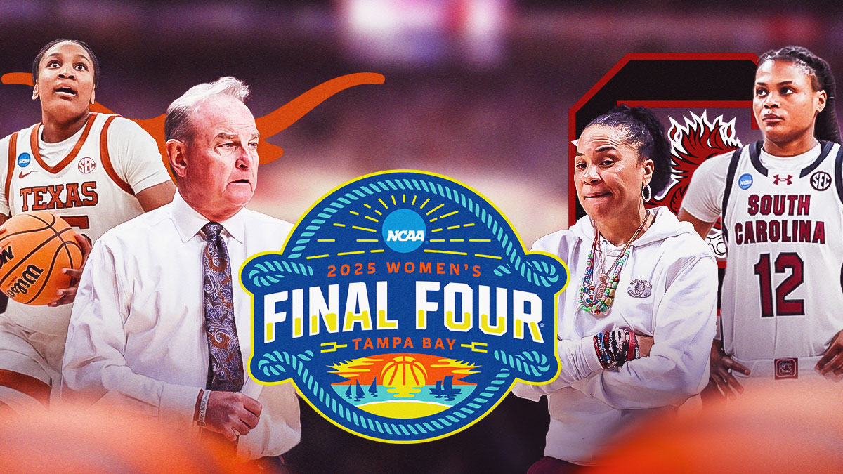 Final Four Tampa Bay logo in the middle with the following on either side Texas Longhorns logo on the left (behind the people), Madison Booker on the far left head coach Vic Schaefer in the middle left South Carolina logo on the right (behind the people), MiLaysia Fulwiley on the far right and head coach Dawn Staley in the middle right