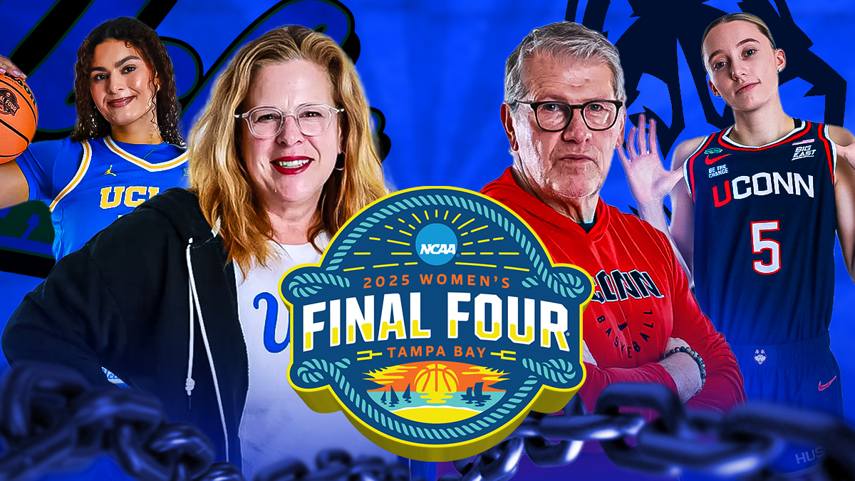 Final Four Tampa Bay logo in the middle with the following on either side UConn logo on the left (behind the people), Paige Bueckers on the far left head coach Geno Auriemma in the middle left UCLA logo on the right (behind the people), Lauren Betts on the far right and head coach Cori Close in the middle right